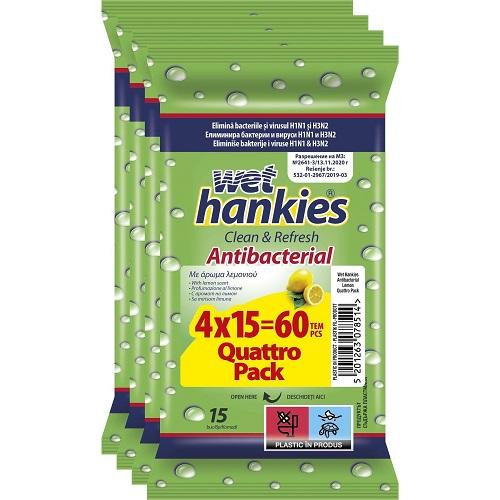 Wet Hankies Антибактериални мокри кърпи лимон 4 х 15 бр + 1 подарък от ароматизирани - 2.80
